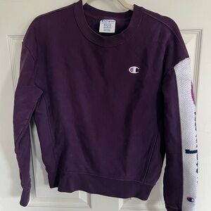 Champion Reverse Weave Purple Sweatshirt with Knit Sleeve Detail